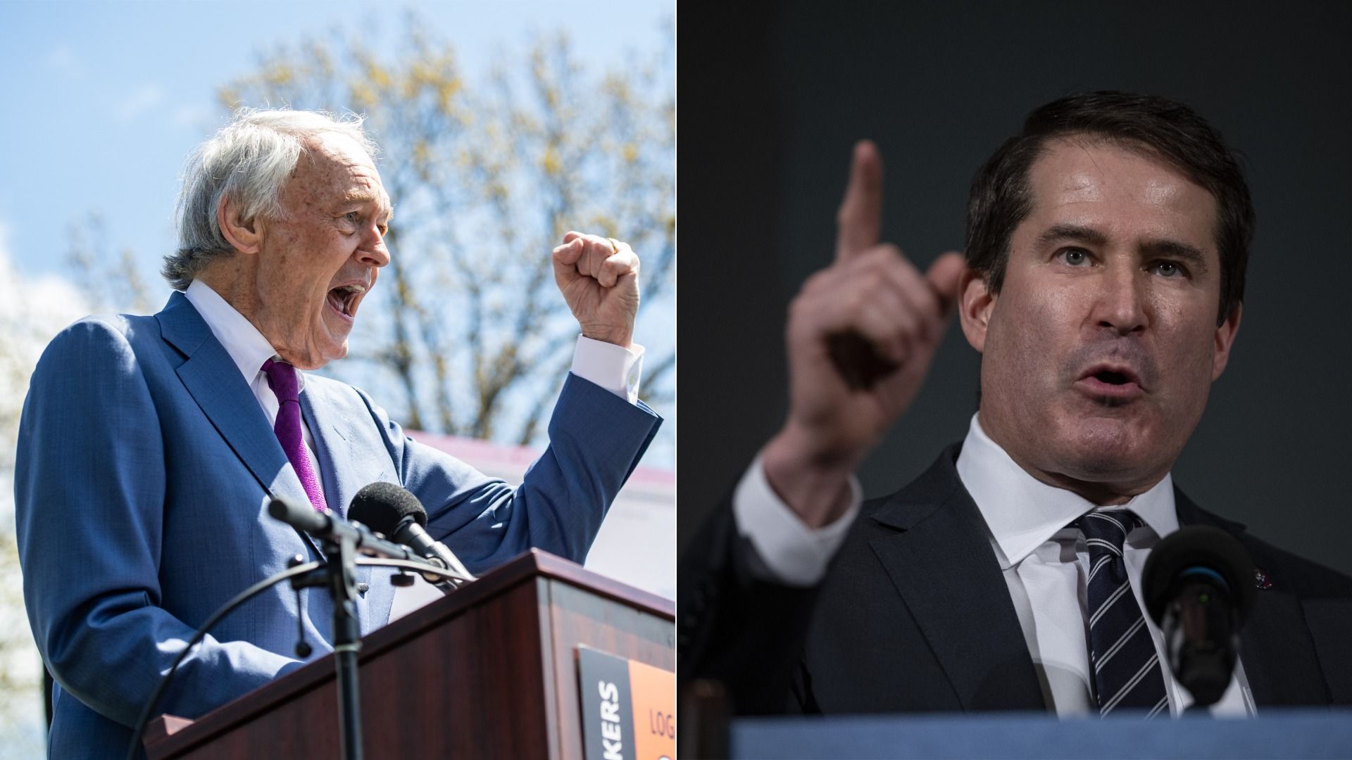 Two side-by-side images: at left, an older man with graying hair in a blue suit and purple tie pumps his fist while speaking exuberantly. at right, a younger man in a dark suit and striped tie gestures by wagging his finger while speaking.
