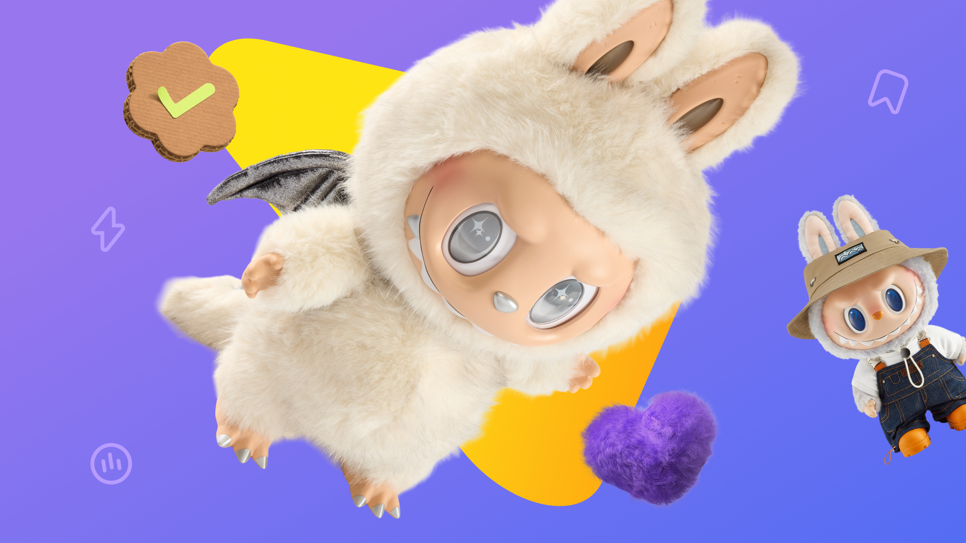 Two cute cartoon characters with big eyes and bunny ears on a purple background, one in a fluffy white suit with wings, the other in overalls and a bucket hat, with colorful shapes around.