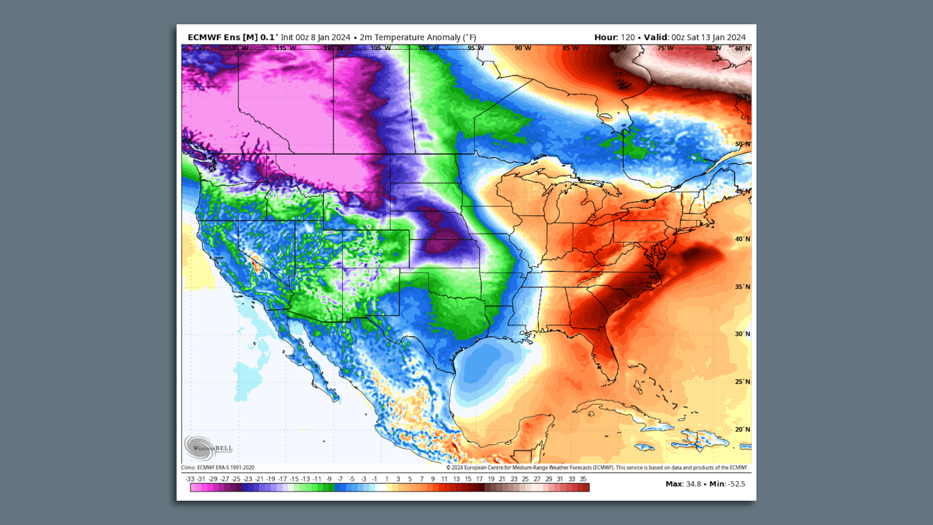 Computer model projection showing an Arctic outbreak moving southward from Canada on Jan. 13.