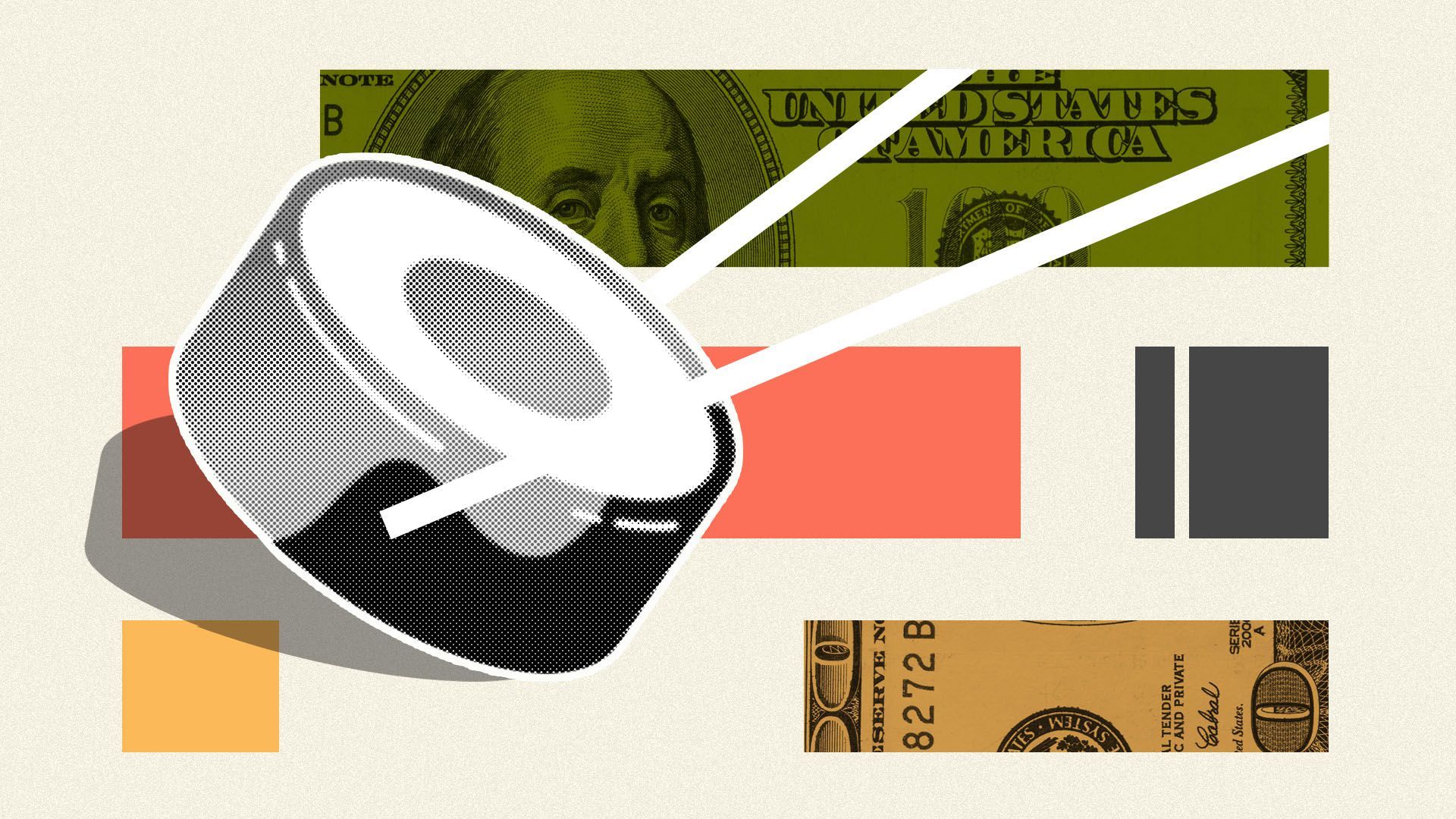 Illustration of the SushiSwap logo with rectangular blocks and money in the background