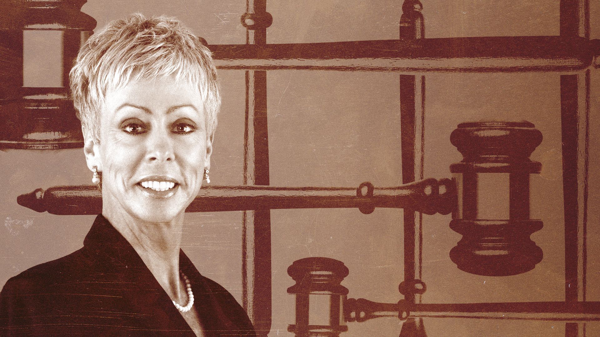 Photo illustration of Beth Wood with abstract pattern of gavels.