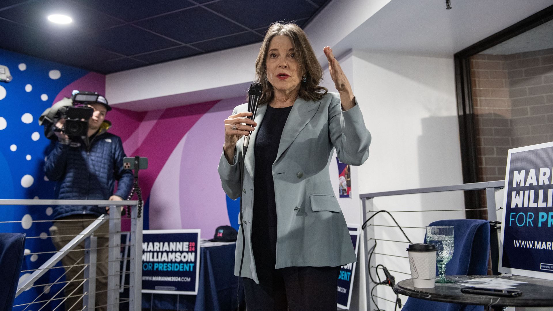 Democratic presidential hopeful Marianne Williamson speaks during a campaign event at Teatotaller's Cafe in Concord, New Hampshire, on January 17, 2024.