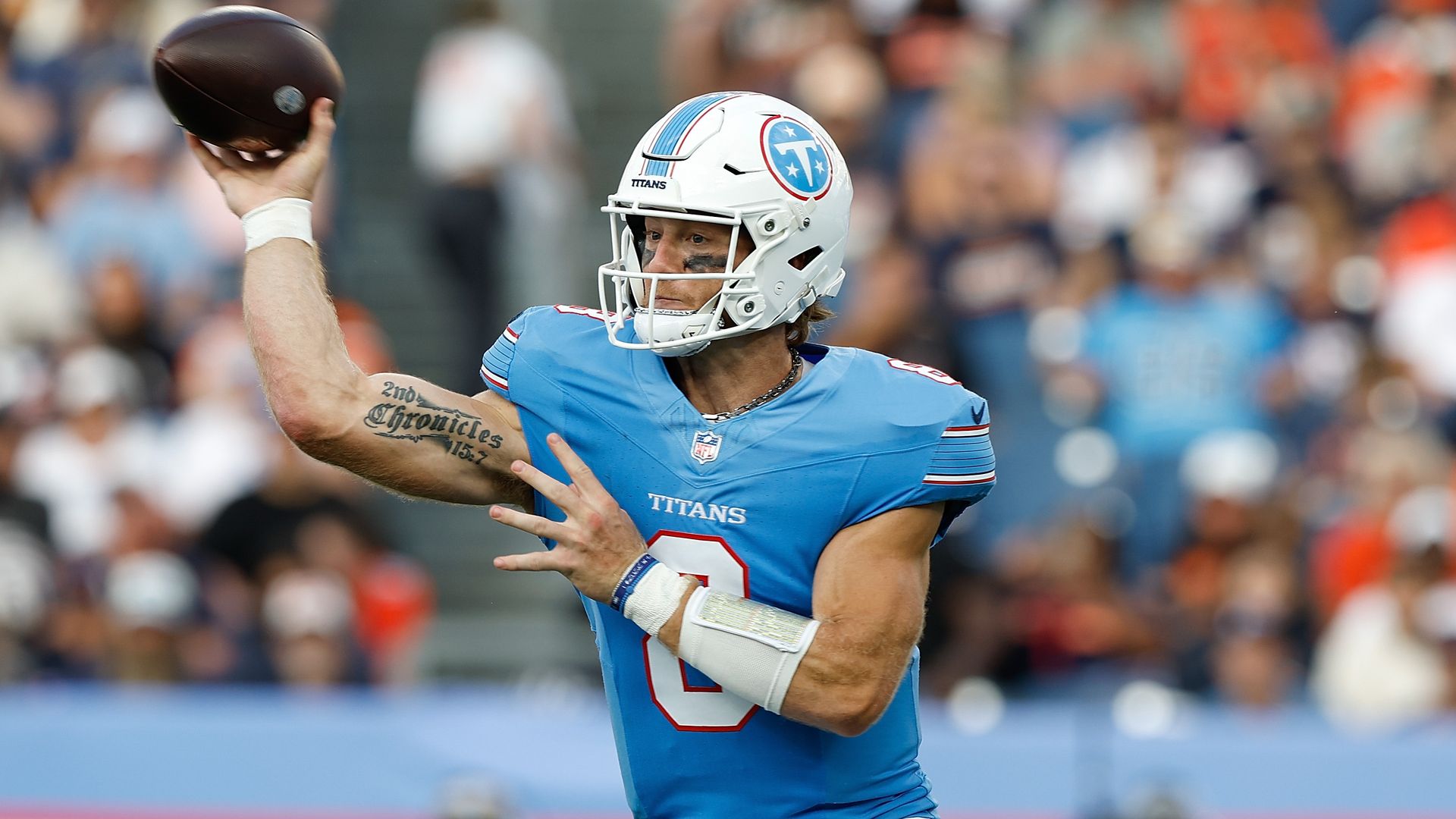 Will Levis throws a pass during a Titans preseason game