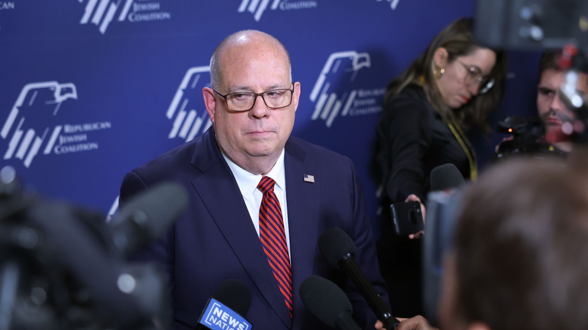 Maryland Governor Larry Hogan speaks to the press after speaking at the Republican Jewish Coalition Annual Leadership Meeting on November 18, 2022 in Las Vegas, Nevada.