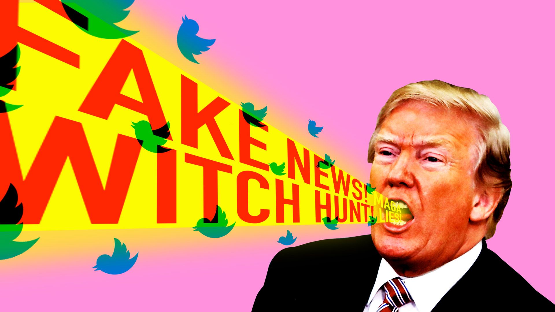 Trump yelling "fake news" and "witch hunt."