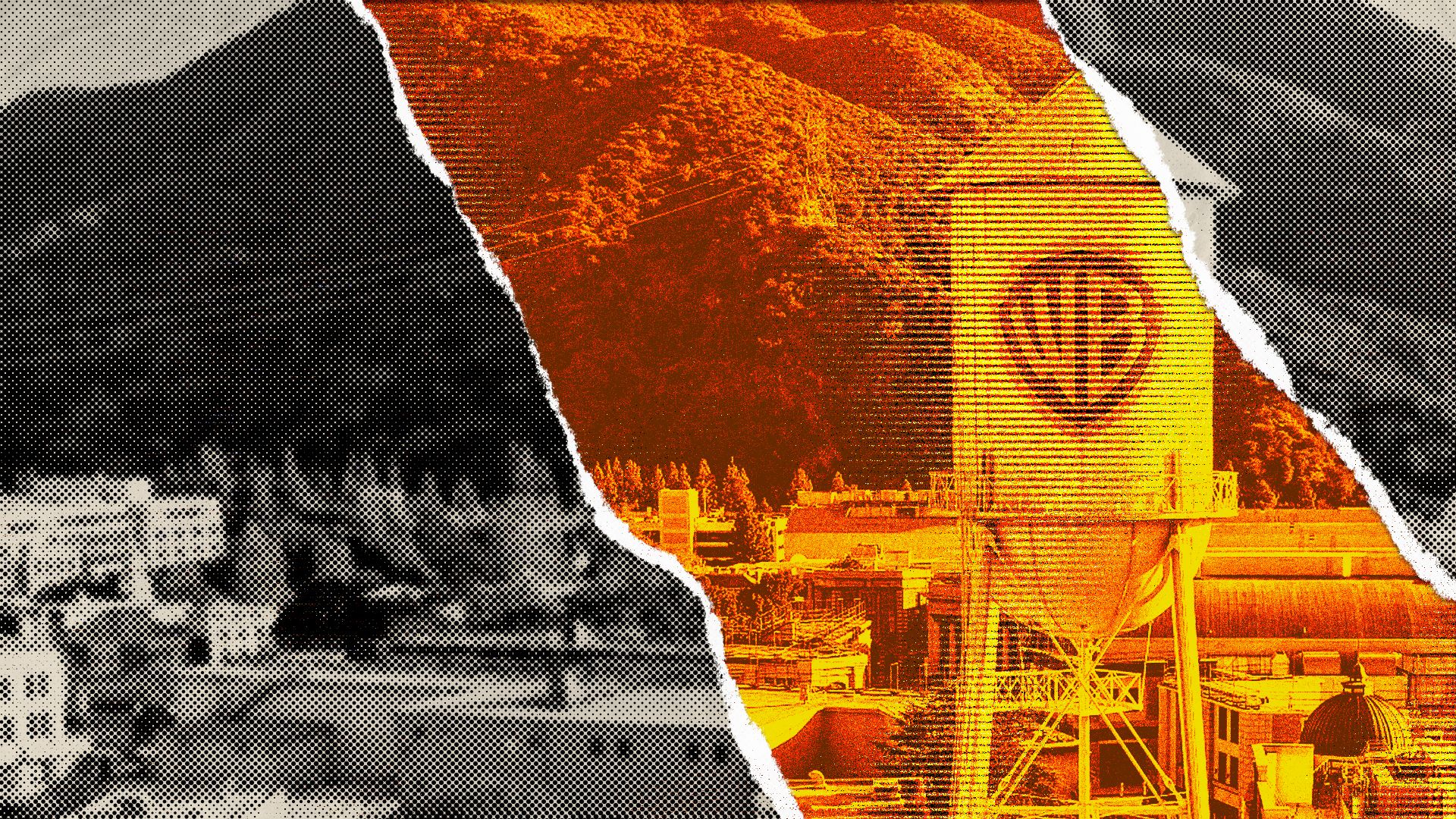Photo illustration of a print image of the Warner Bros. studio water tower with a tear in it revealing the same image rendered to look like a digital screen below the paper.