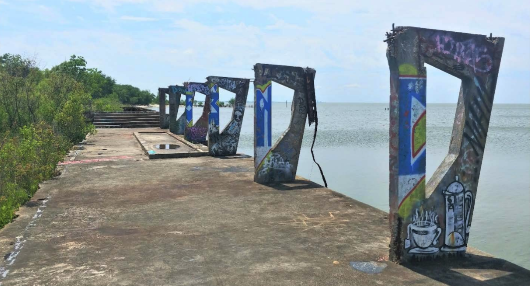 Image shows trapezoid concrete structures at Lincoln Beach.