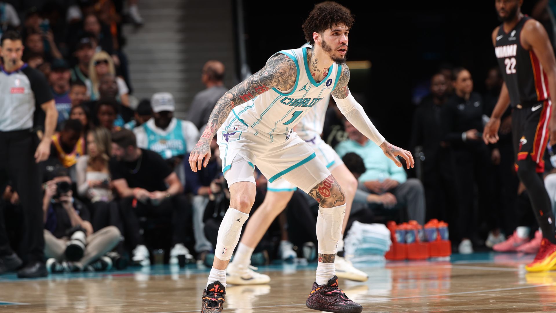 CHARLOTTE, NC - APRIL 14: LaMelo Ball #1 of the Charlotte Hornets plays defense during the game against the Miami Heat during the Play-In Tournament on April 14, 2026 at Spectrum Center in Charlotte, North Carolina.