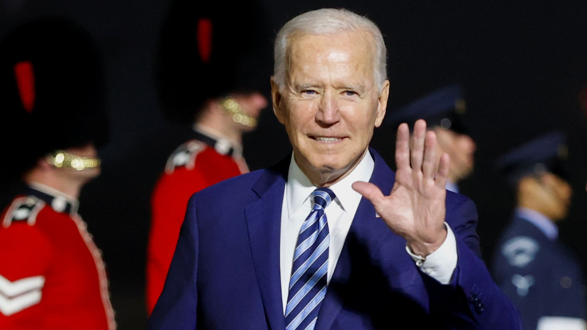 President Joe Biden waves upon arrival at Cornwall Airport Newquay, on June 9, 2021 near Newquay, Cornwall, England.