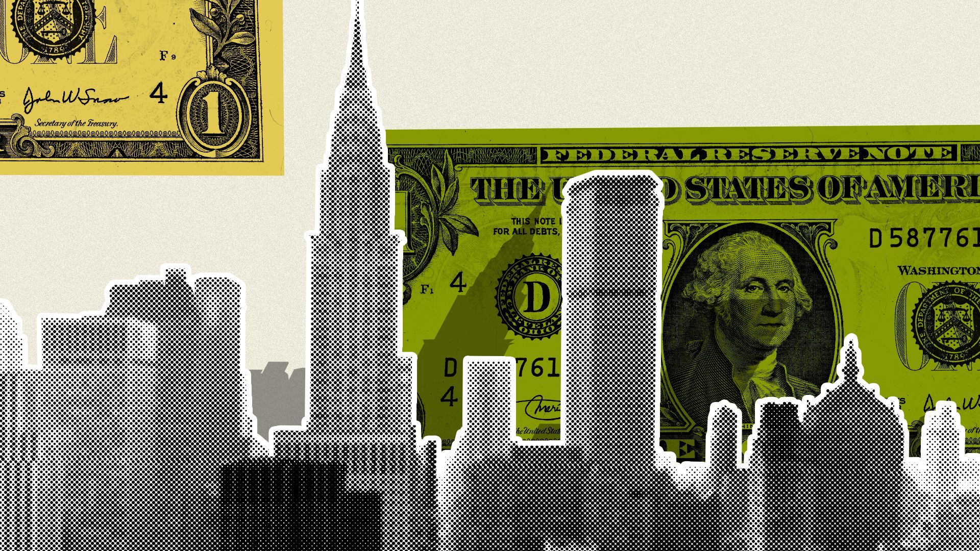 Illustration collage of the NYC skyline in front of one dollar bills