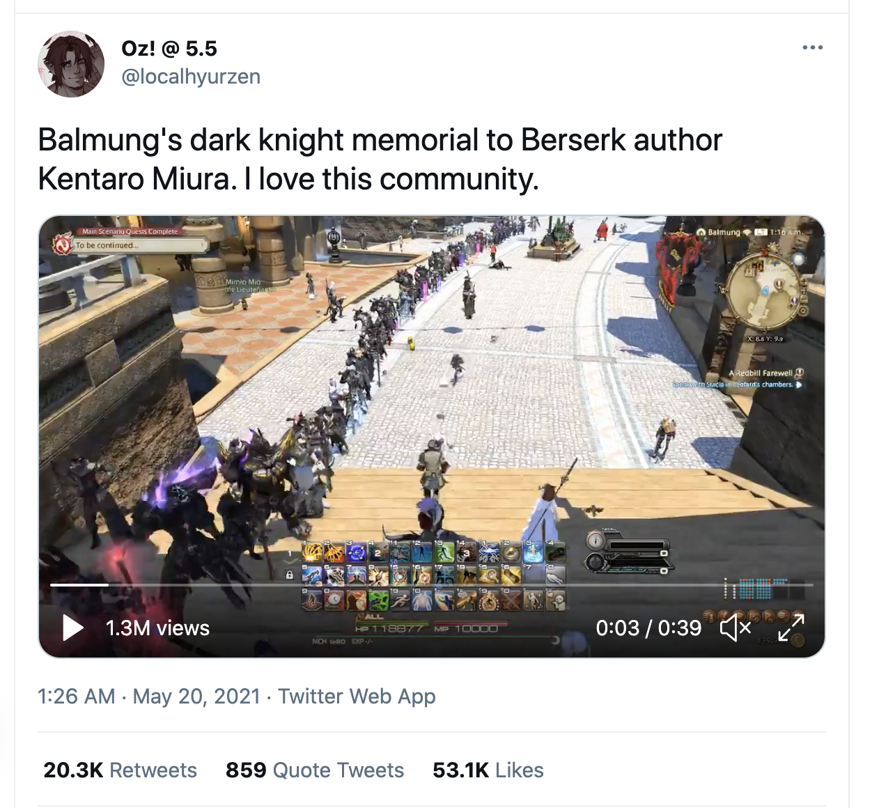 Screenshot of a tweet showing a line of Final Fantasy "XIV" players lined up to honor Kentaro Miura.