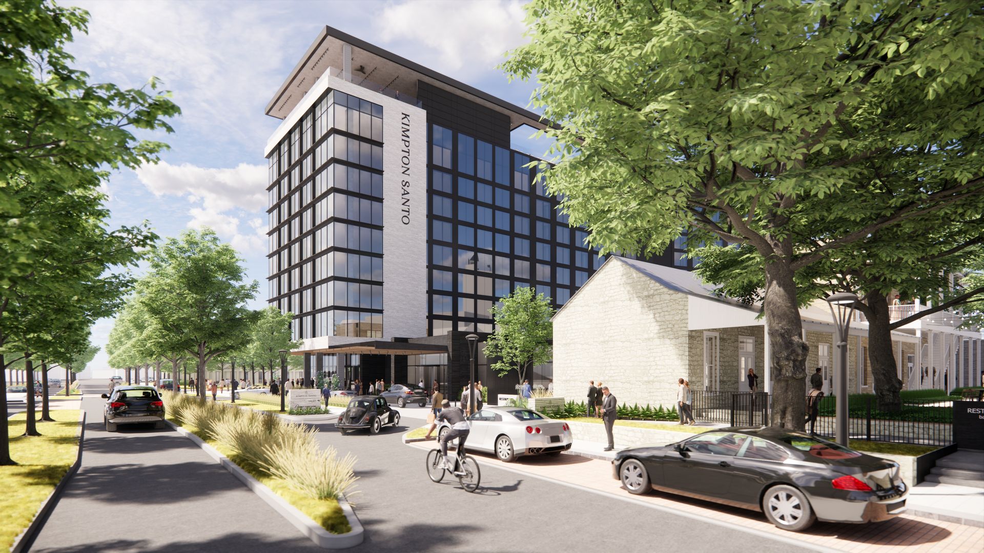 A rendering of a multi-story, glass building surrounded by Live Oak trees and vehicular and pedestrian traffic.