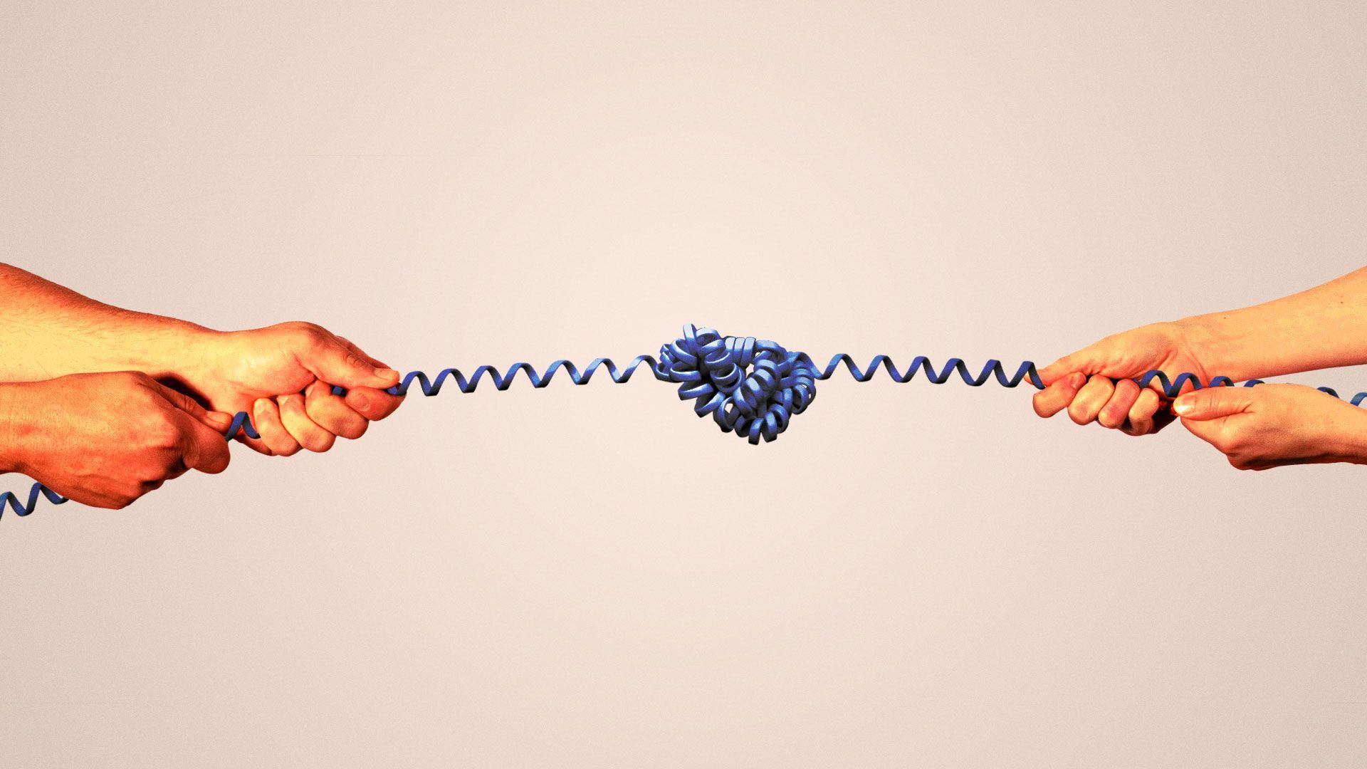 Illustration of hands in a tug of war with a tangled phone cord