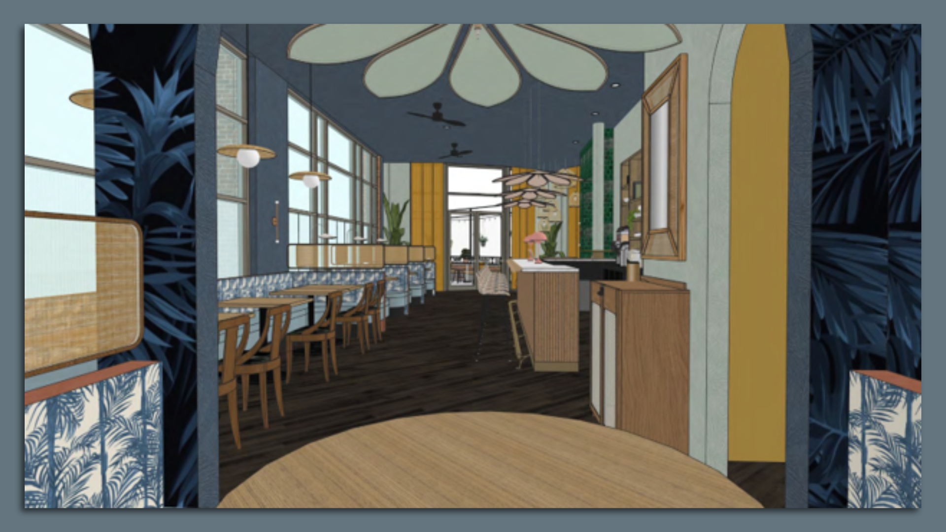 A rendering of the inside of a green restaurant 