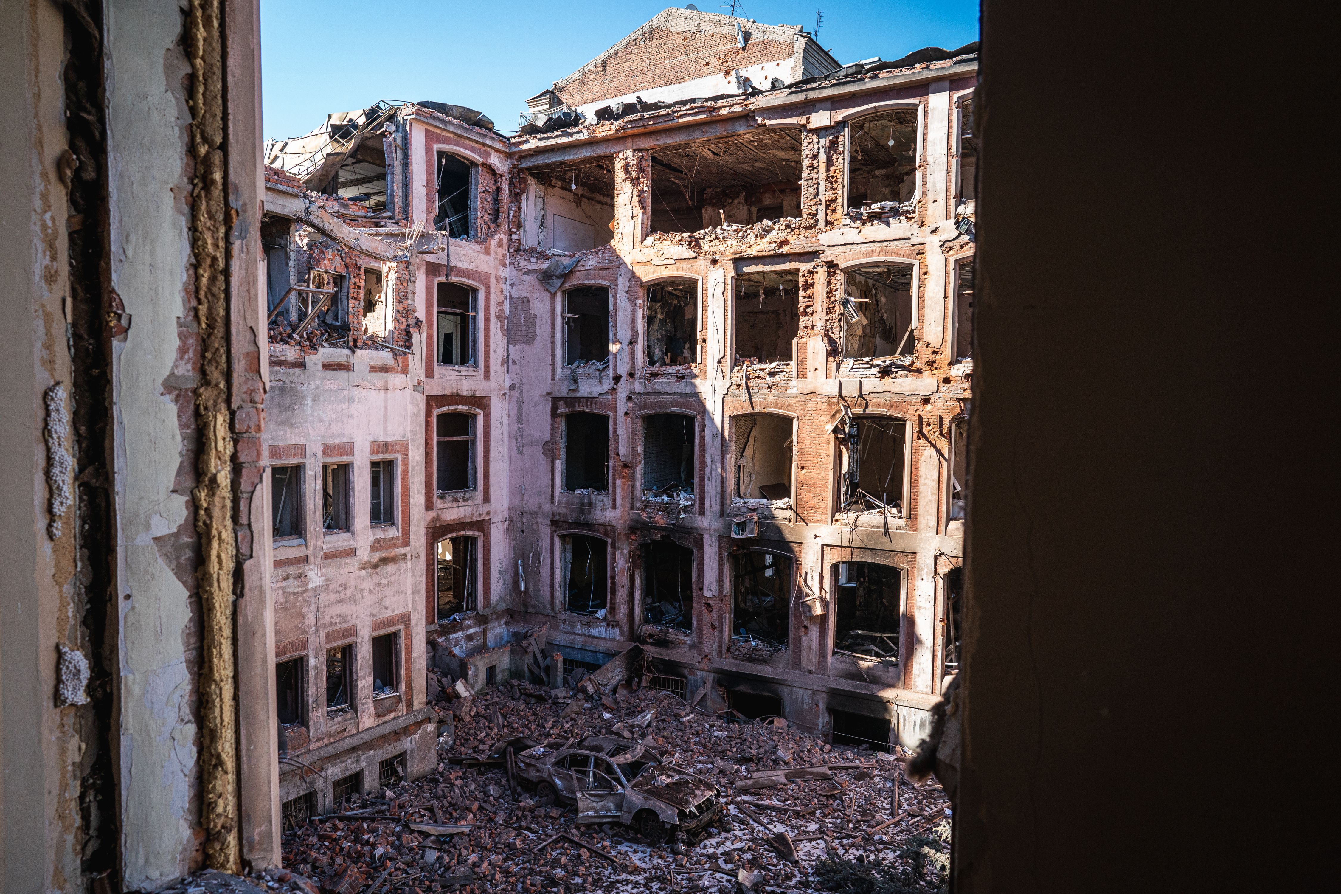  A view from a heavily damaged building after Russian attacks in Kharkiv, Ukraine on March 22.