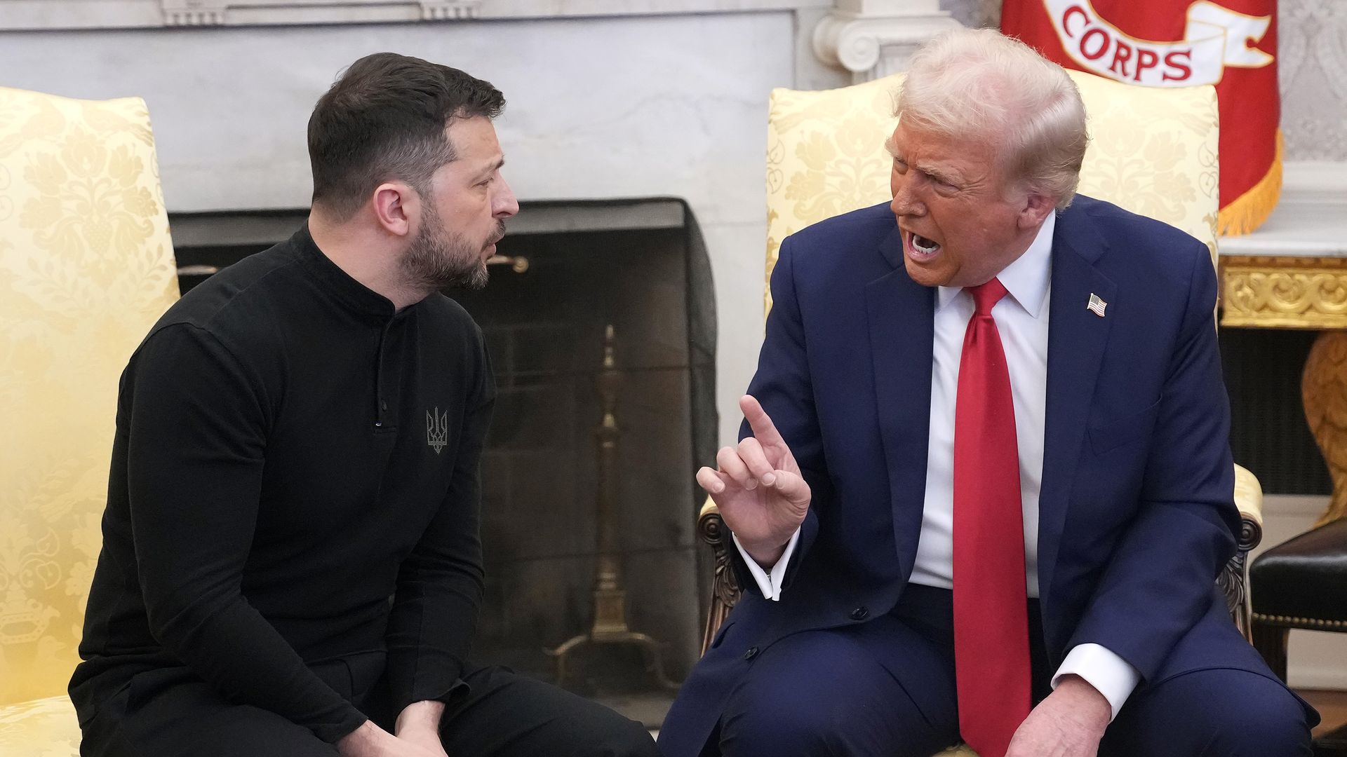Donald Trump and Ukrainian President Volodymyr Zelensky meet in the Oval Office at the White House on February 28,