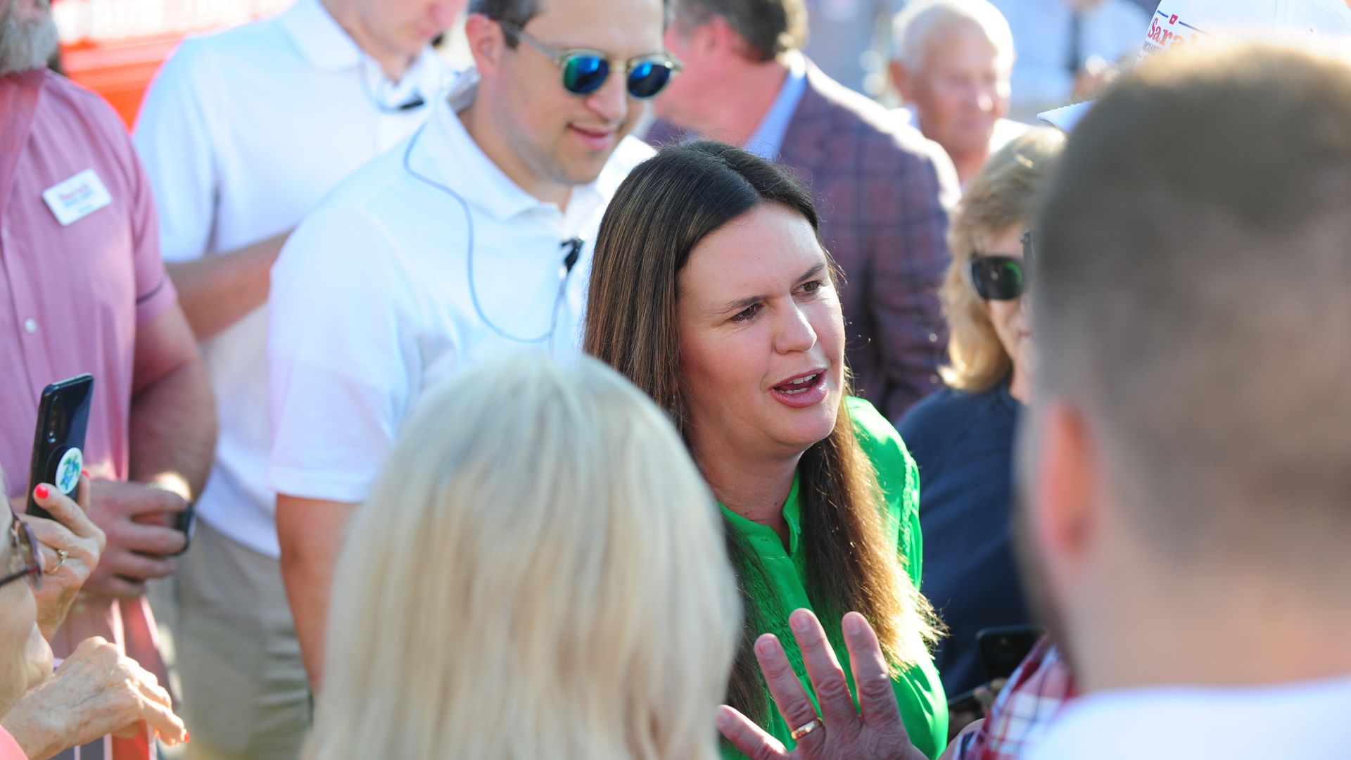 Sarah Huckabee Sanders worked the crowd at a campaign stop in Bella Vista, Ark., on Sept. 9, 2022.