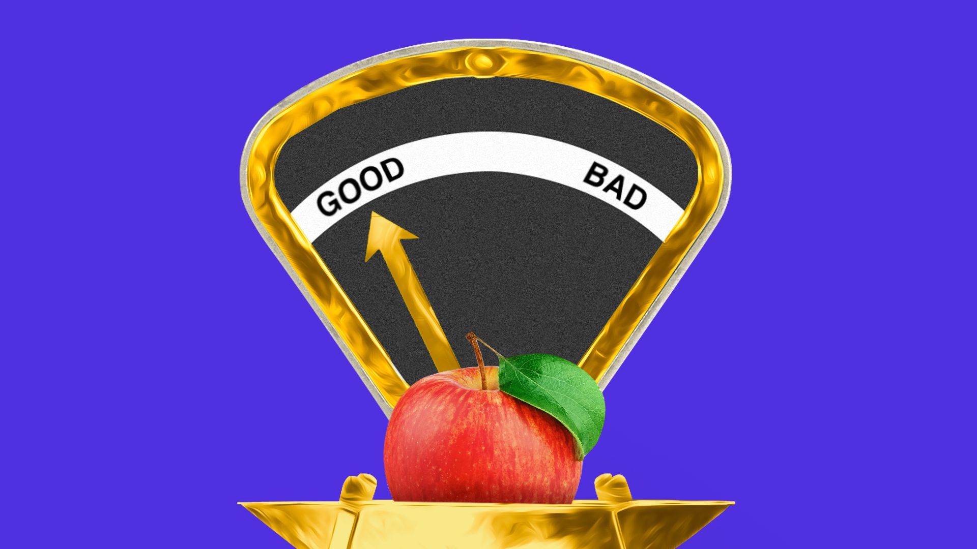 Illustration of an apple on a "Good/Bad" scale, with the scale arm hovering over "Good".