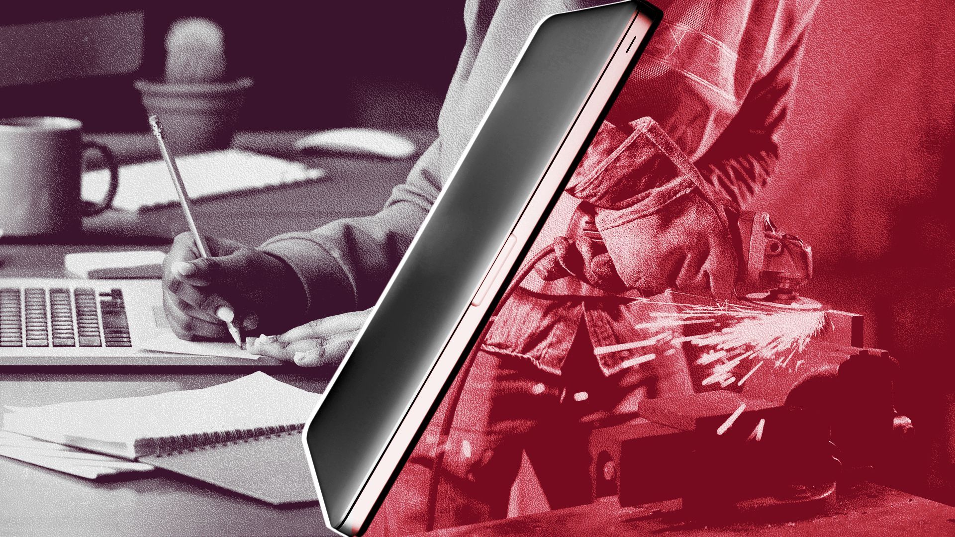 Illustration of a split-screen view of a person working at a home office desk and a different person welding. The two images are divided by a diagonally-leaning closed laptop.