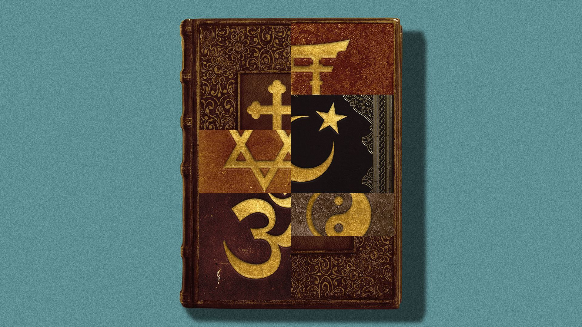 Illustration of a fragmented book cover showing different religious symbols.