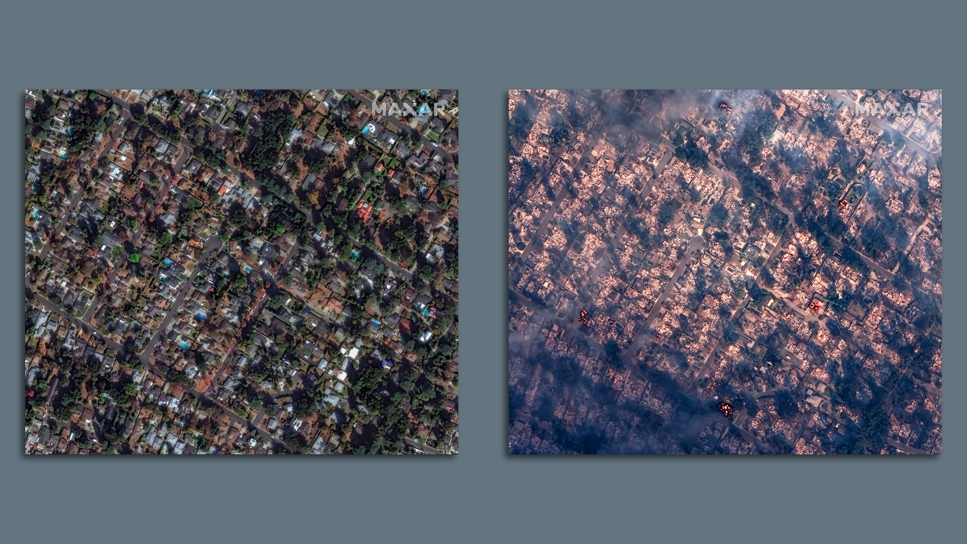 Before (left) and after (right) satellite images of an Altadena, Calif. neighborhood ravaged by wildfire, taken on Jan. 8. 
