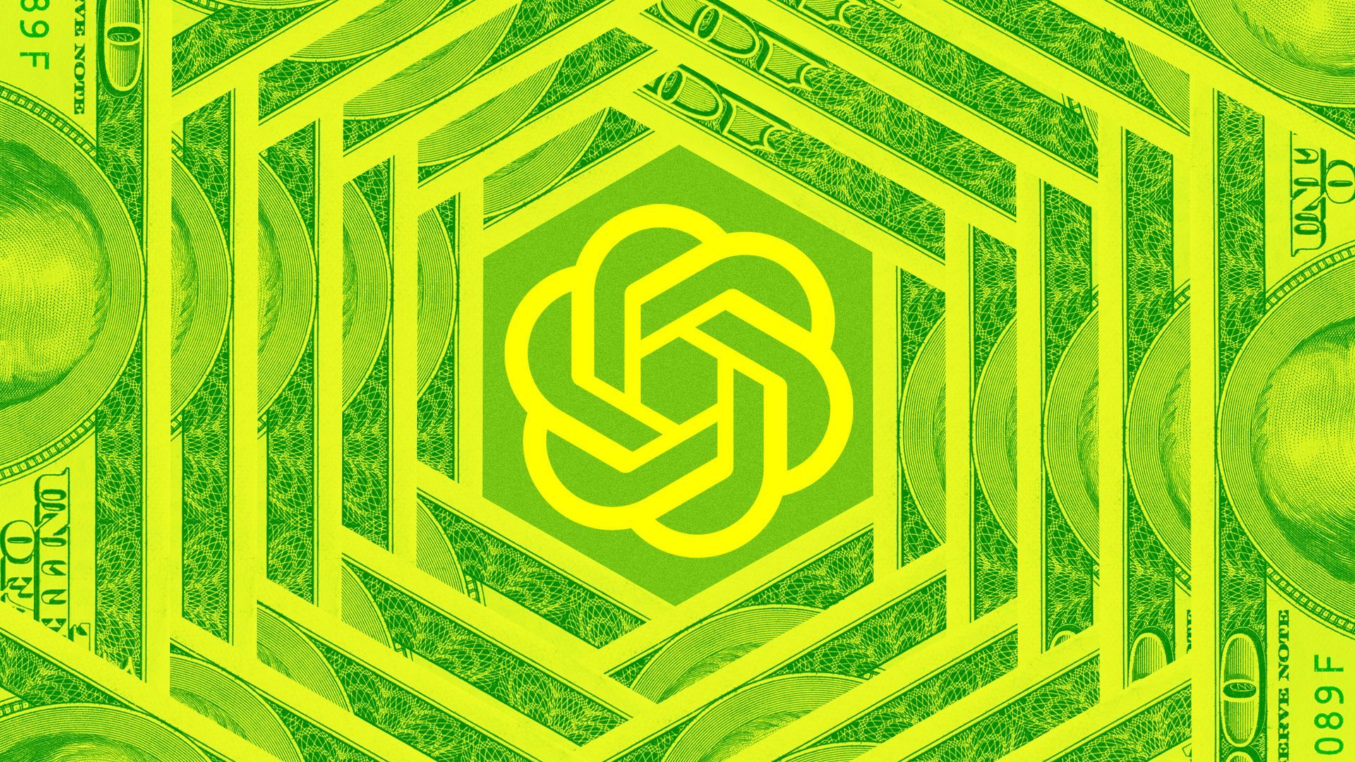 Illustration of the OpenAI logo surrounded by a repetition of hundred dollar bills