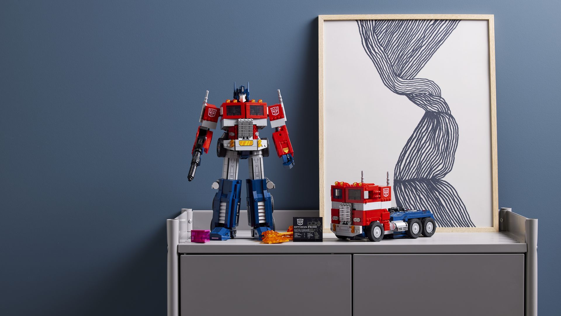 The new Lego version of Optimus Prime, with the Transformer shown in both robot and truck form.