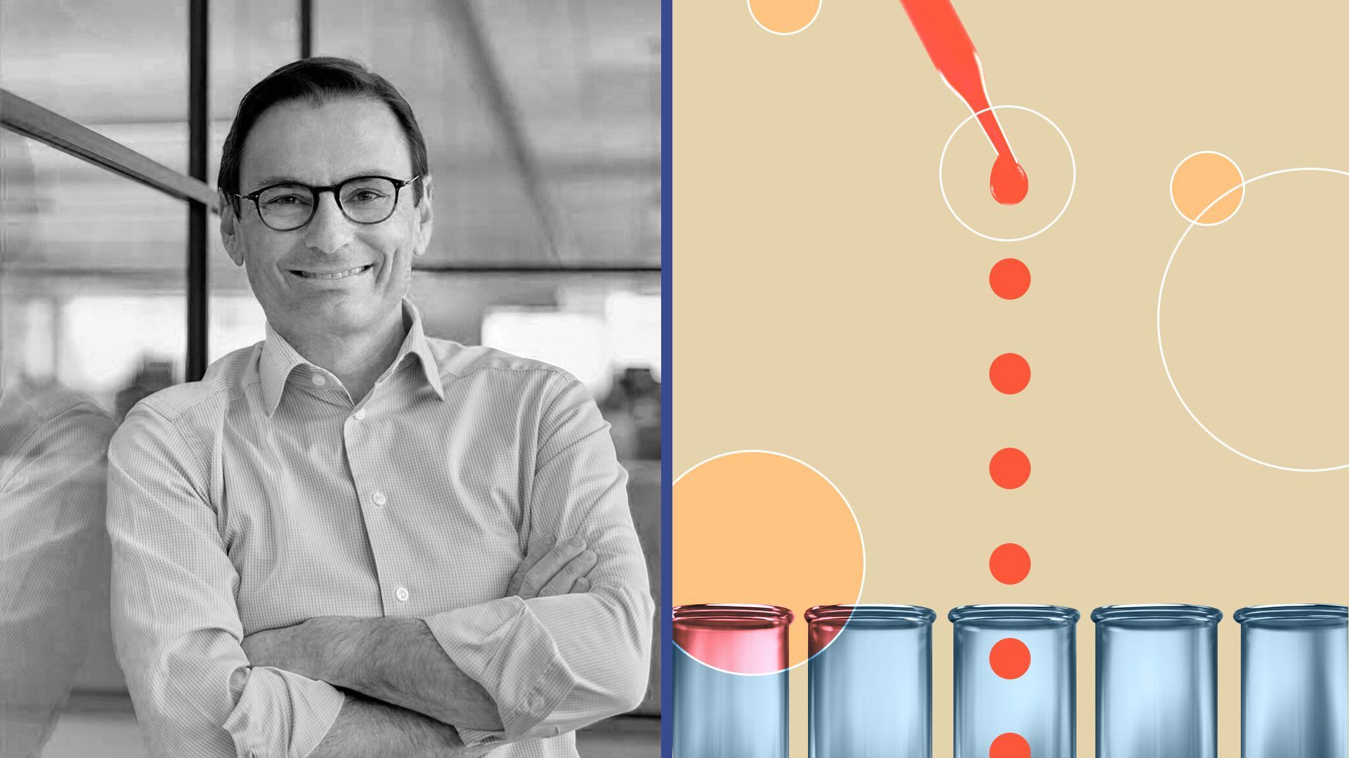 Photo illustration of Fabrice Chouraqui with an abstract design referencing blood testing and research. 