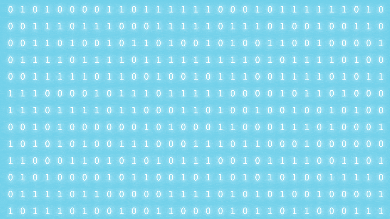 Illustration of a screen showing animated 1s and 0s with the screen breaking and shutting down. 