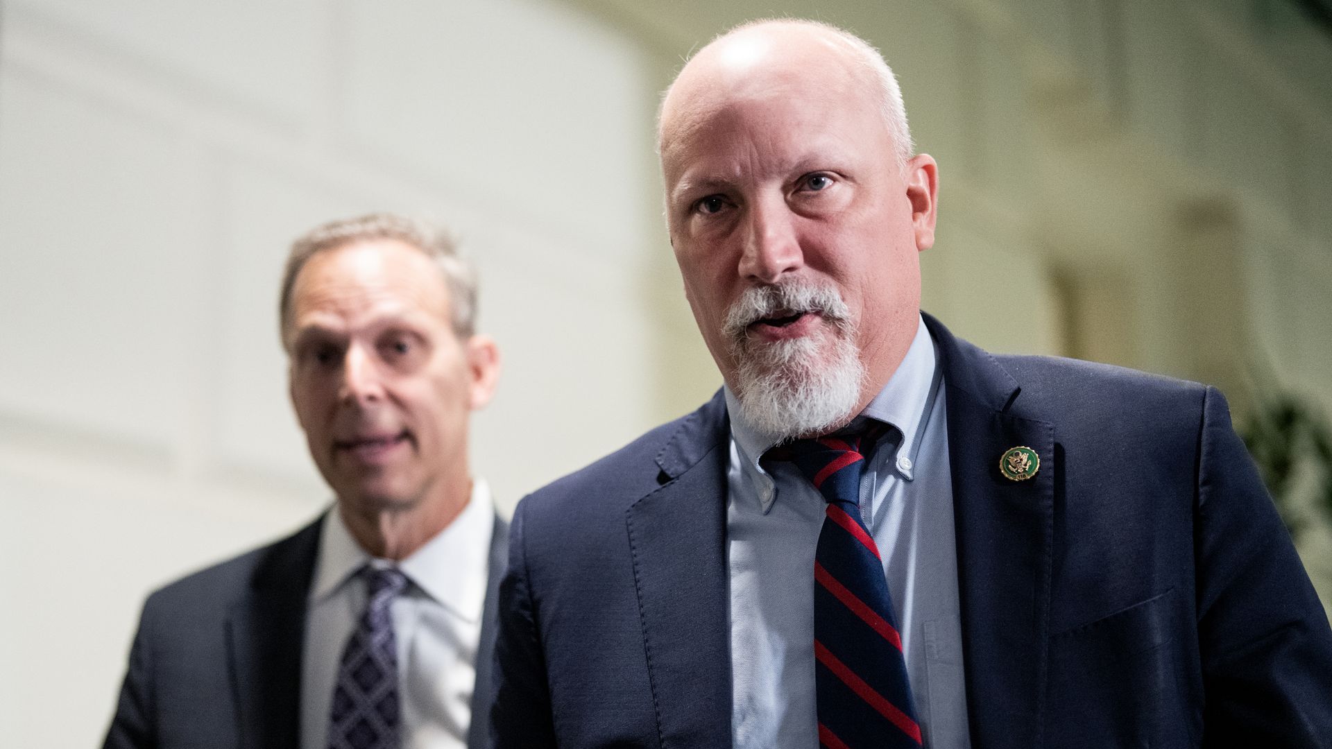 Reps. Chip Roy, R-Texas, right, and Scott Perry, R-Pa., leave a meeting of the House Republican Conference in the U.S. Capitol on Wednesday, September 13, 2023. (Tom Williams/CQ-Roll Call, Inc via Getty Images)