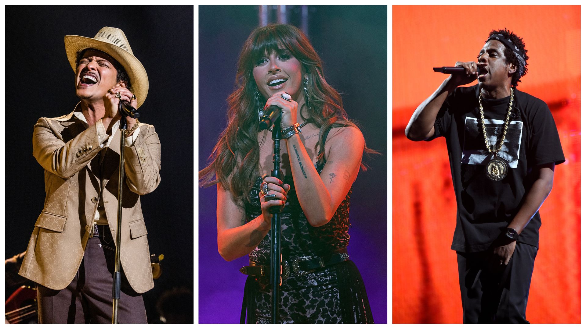 Triptych of stage performers: left a man in a beige suit and straw hat singing; center a woman with long hair and lace dress singing; right a man in a black shirt with a gold chain rapping against an orange backdrop.