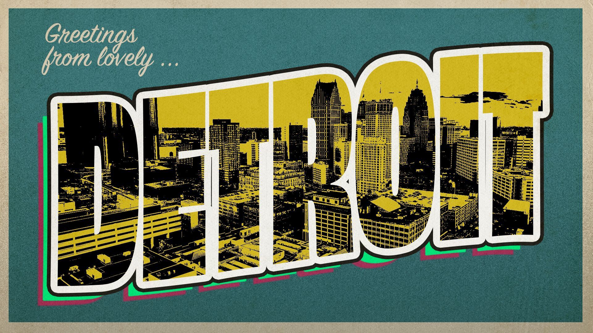 Photo illustration of a vintage-style postcard reading Greetings from lovely Detroit, with a photo of Detroit within the text.