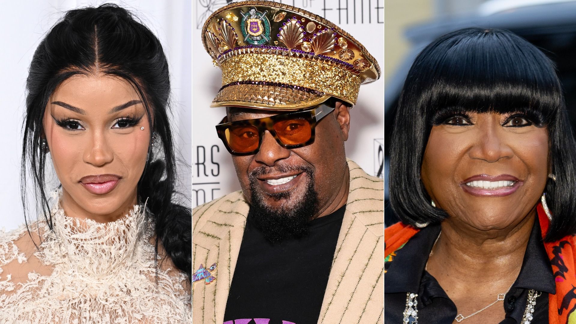 Headshots of Cardi B, George Clinton and Patti LaBelle.