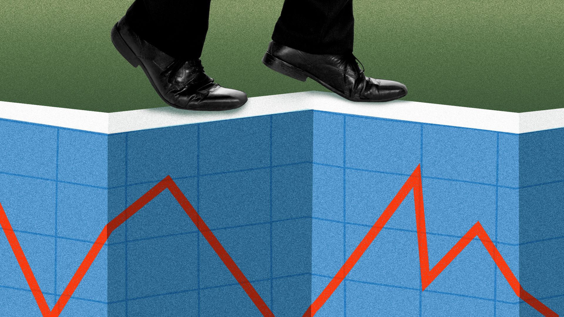 Illustration of a business person balancing on the edge of a piece of paper showing a market trend line. 