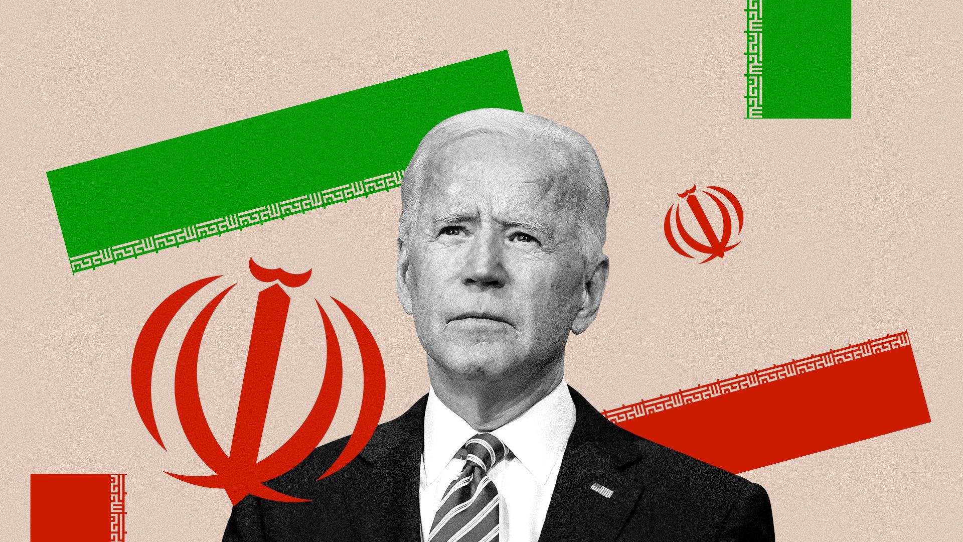 Photo illustration of Joe Biden and a deconstructed Iranian flag.