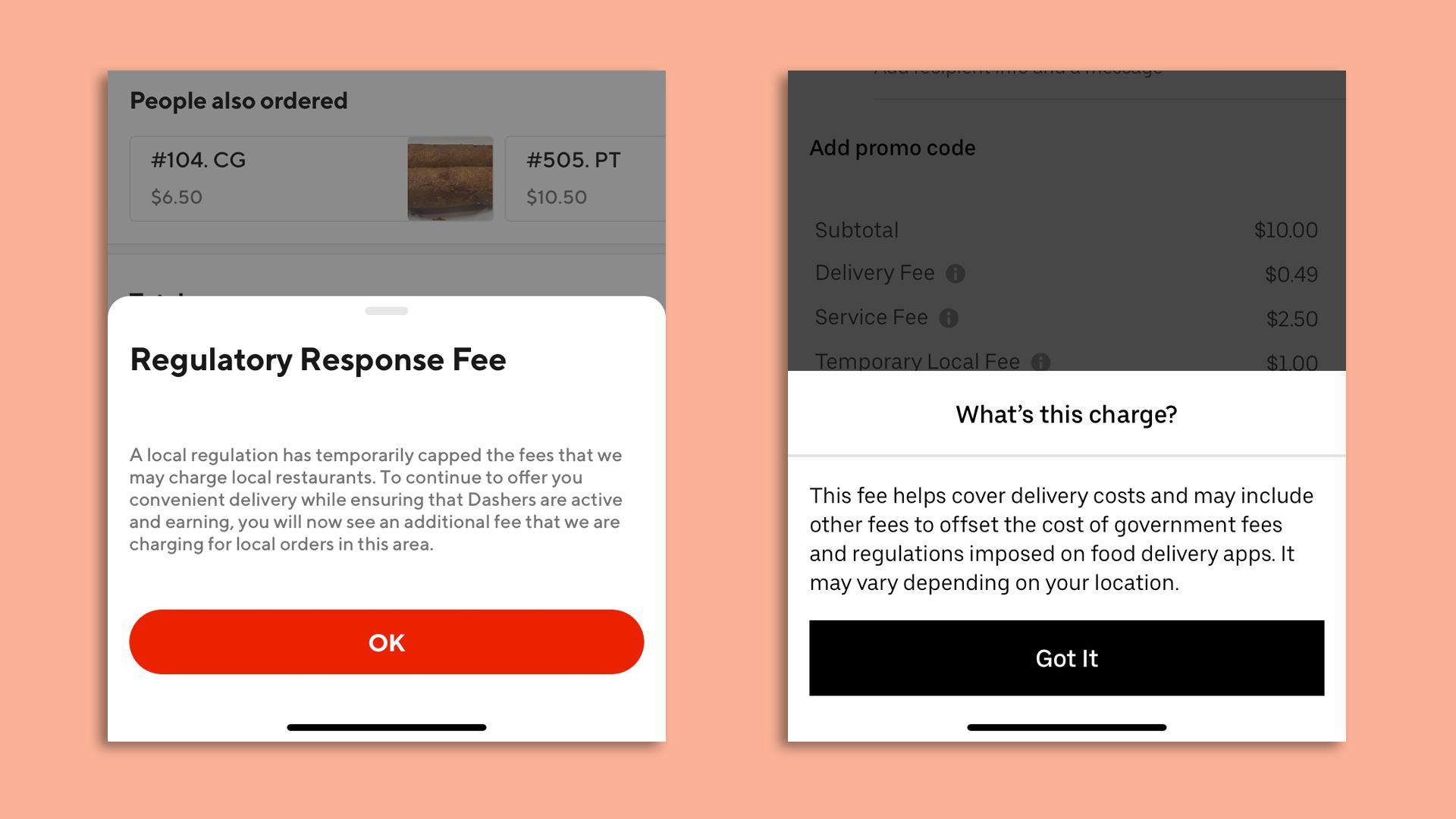 An illustration showing a screenshot of DoorDash and UberEats. The DoorDash screenshot reads "Regulatory response fee" and the Uber Eats screenshot reads "what's this charge?"