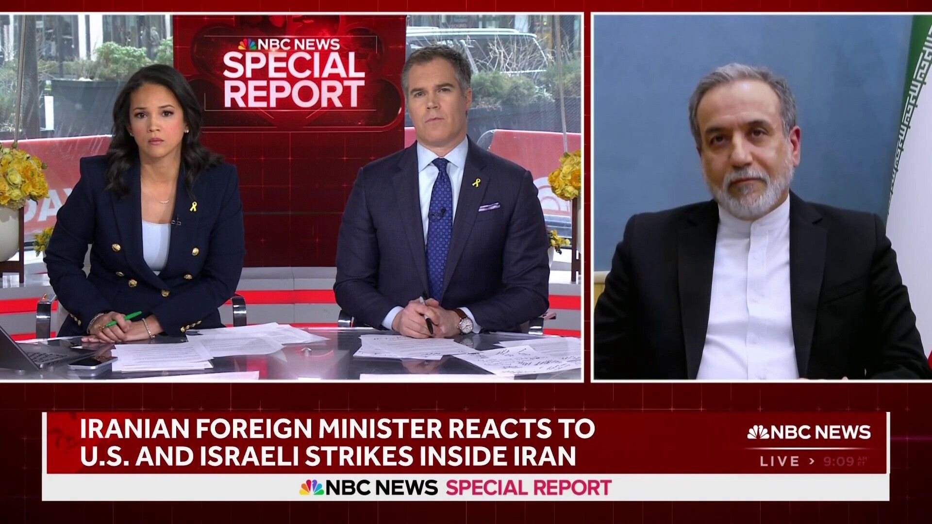 Iran Foreign Minister Abbas Araghchi said in a live interview from Tehran this morning that the supreme leader was alive "as far as I know." Image: NBC News