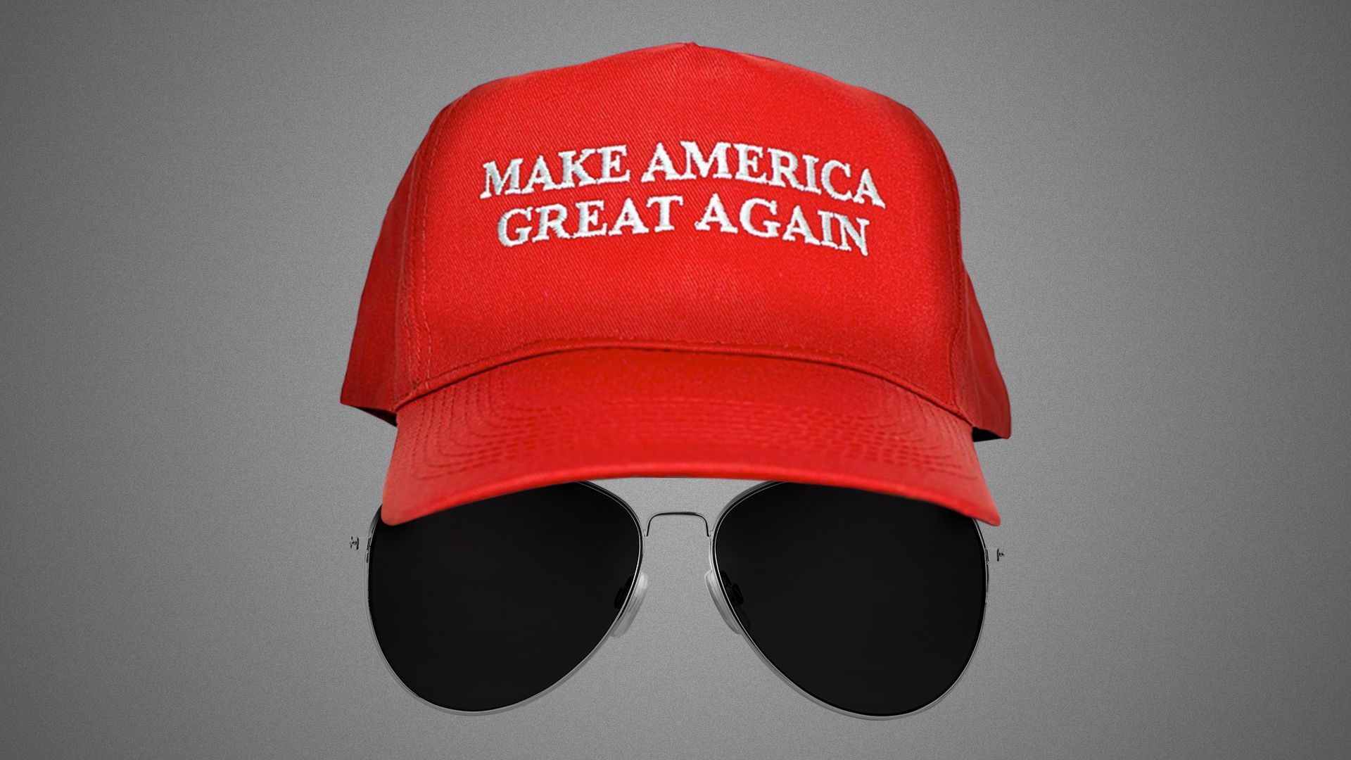 Illustration of a MAGA hat and aviator sunglasses positioned as if being worn. 