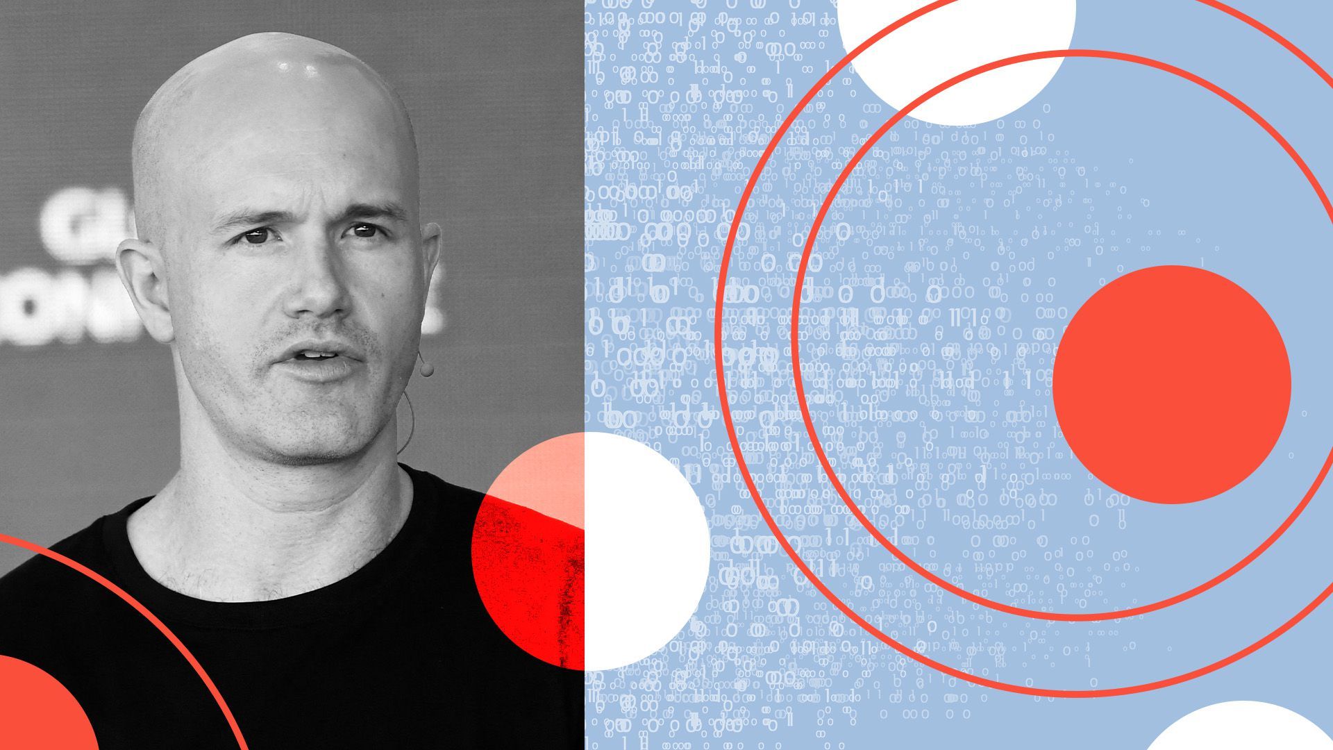 Photo Illustration of Coinbase CEO Brian Armstrong surrounded by shapes and binary code