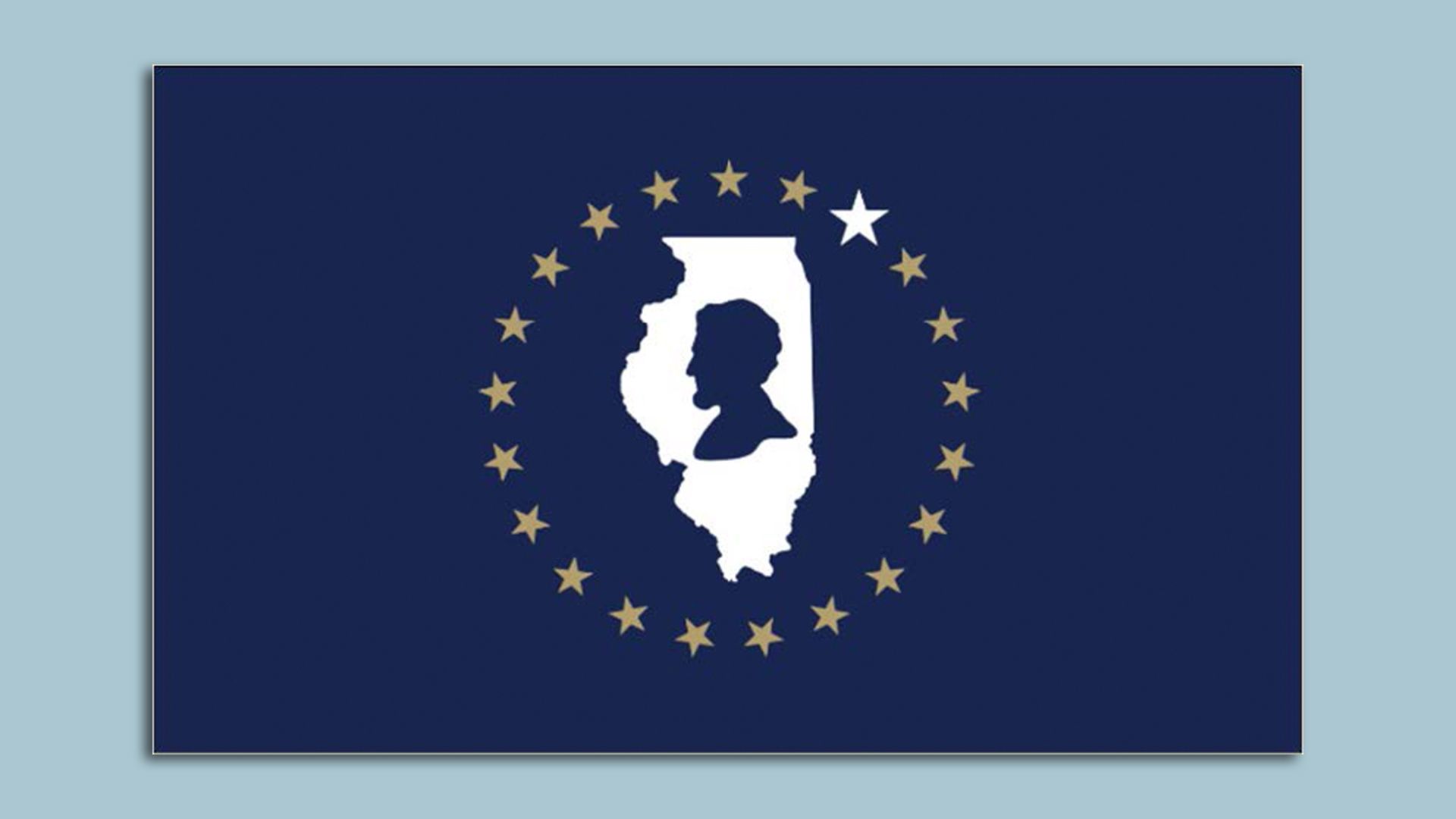 Blue flag with a white outline of the state of Illinois with a bust of Lincoln inside it. The state is surrounded by 21 stars with one white star.