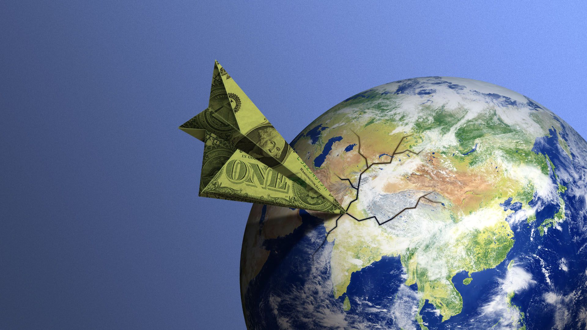 Illustration of a paper airplane dollar bill cracking the earth