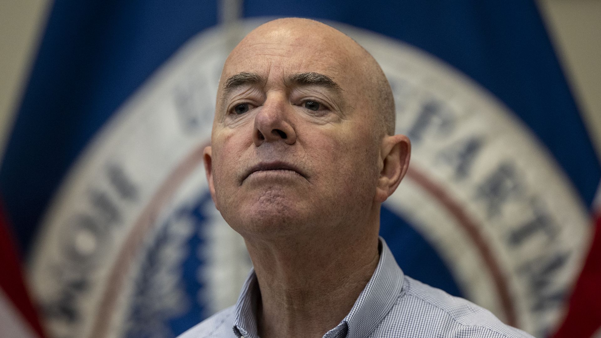 U.S. Department of Homeland Security Secretary Alejandro Mayorkas holds a press conference at a U.S. Border Patrol station