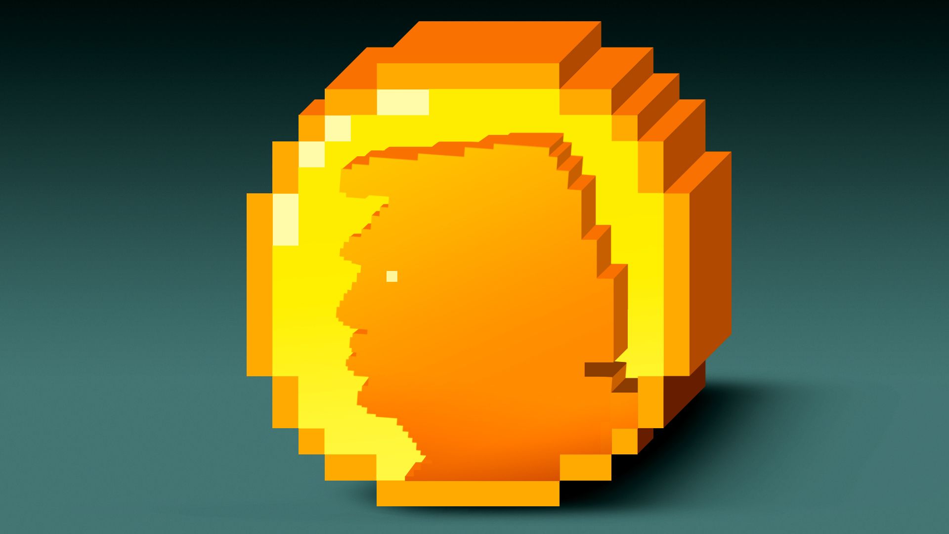 Illustration of a digital, pixelated coin with the silhouette of Trump on its front