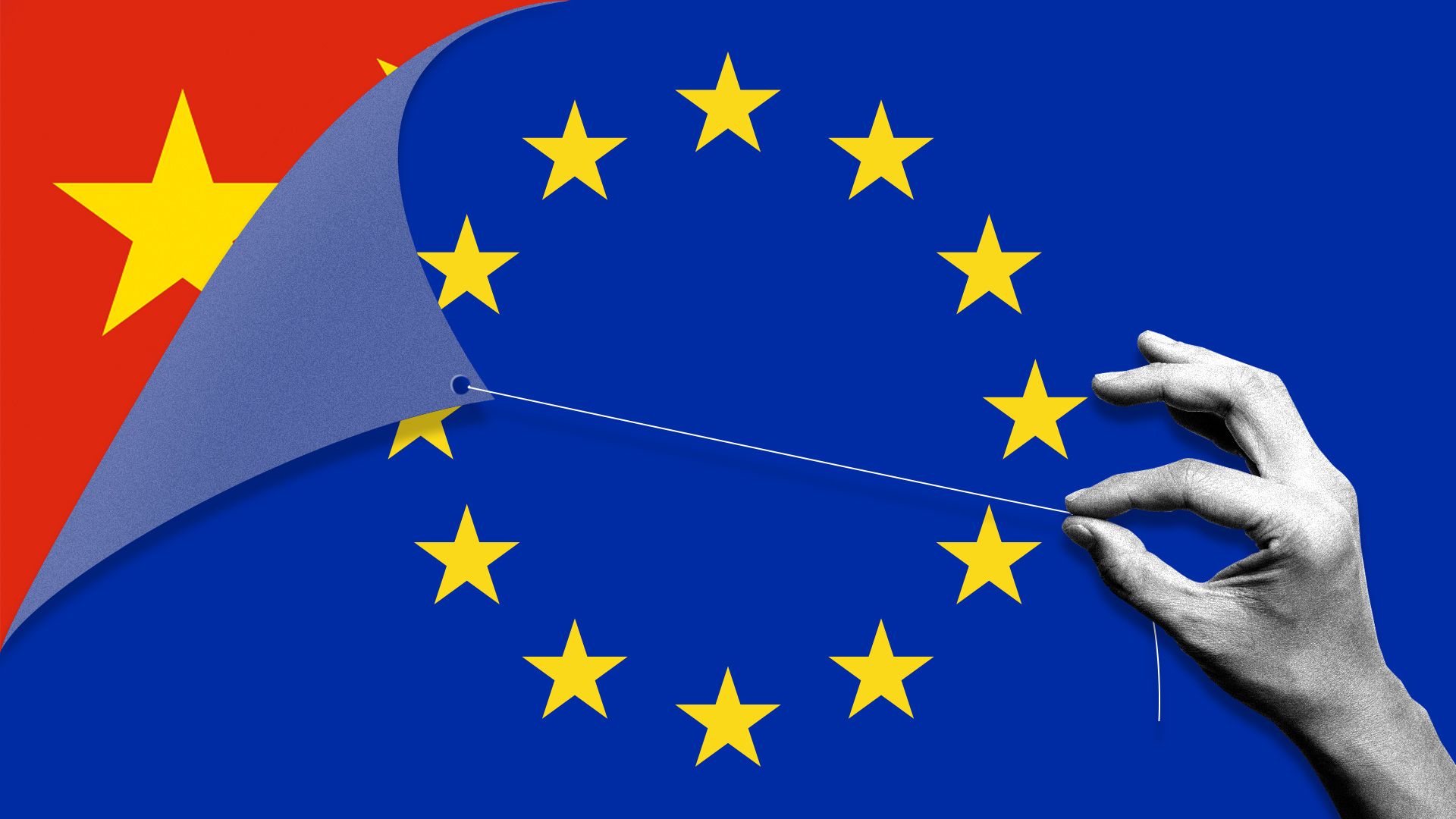 Illustration of a hand pulling back an EU flag to reveal a Chinese one.