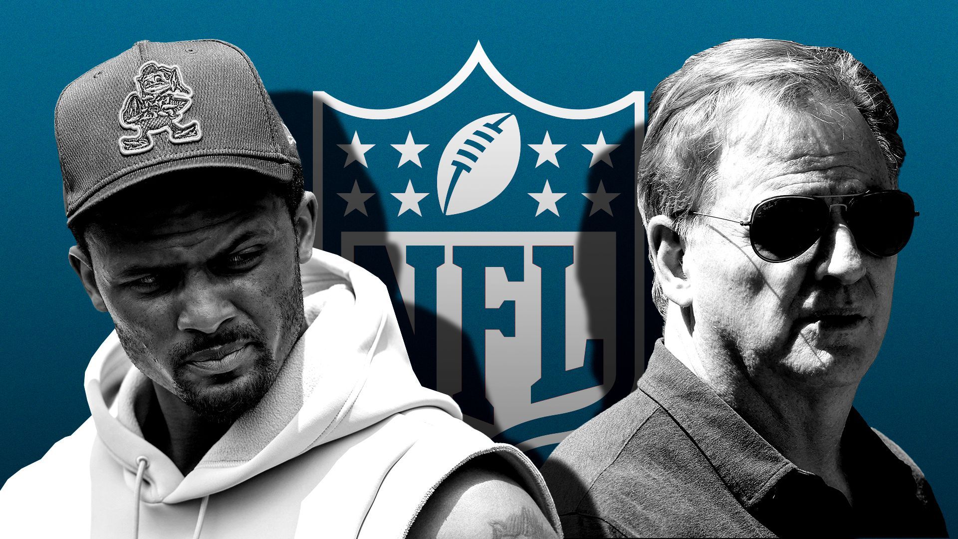 Photo illustration of Deshaun Watson and Roger Goodell casting their shadows on the NFL logo 