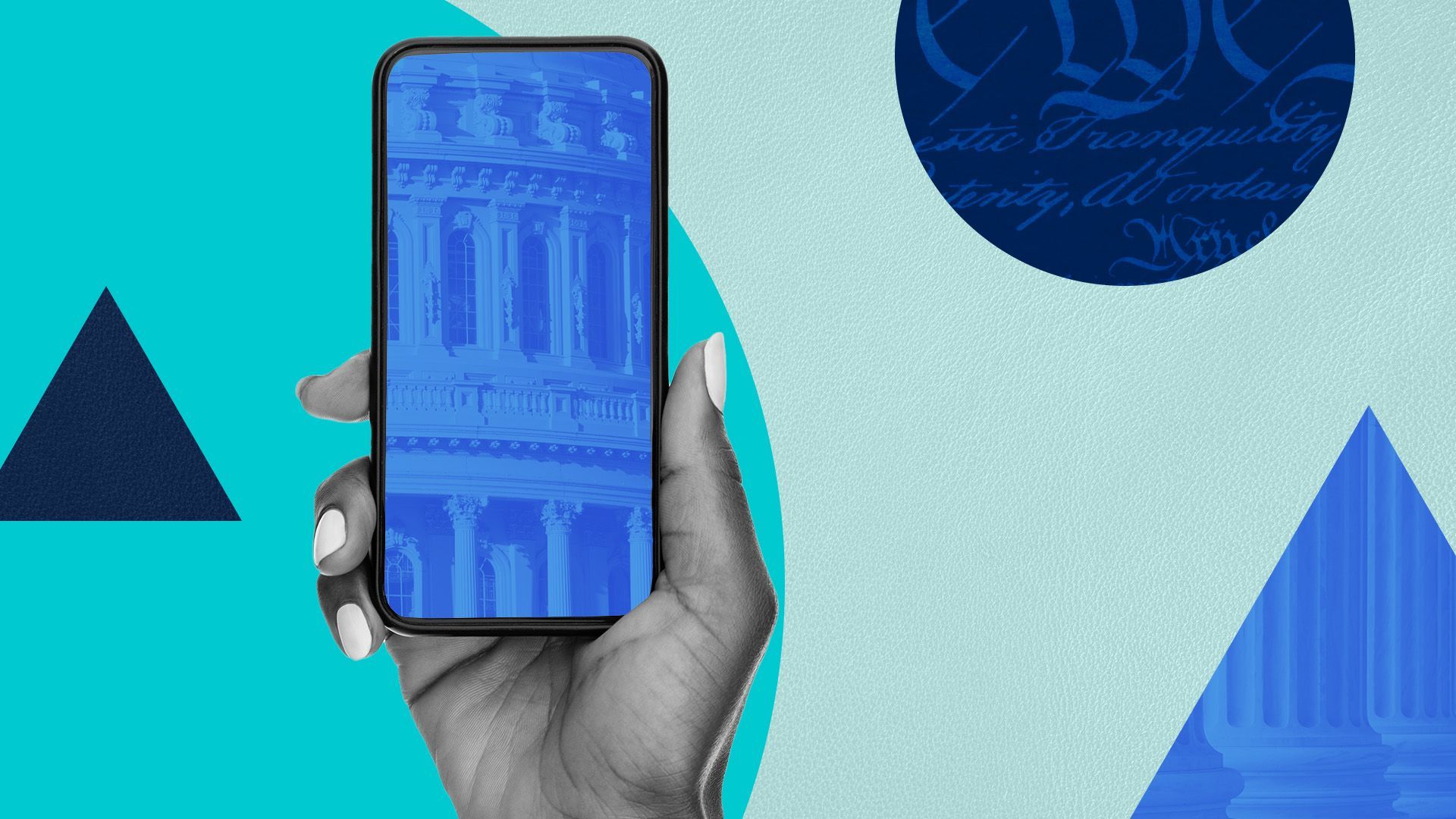 image of a phone with the capitol overlaid on its screen surrounded by circles and triangles