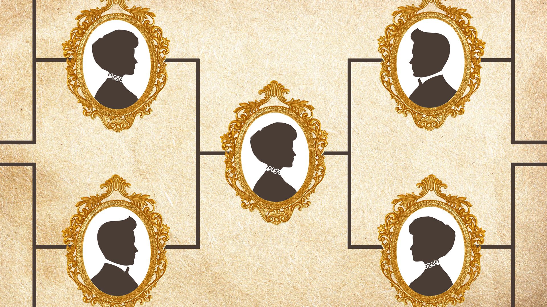 Illustration of silhouette profiles of men and women in ornate golden oval frames connected by black lines on a beige textured background.