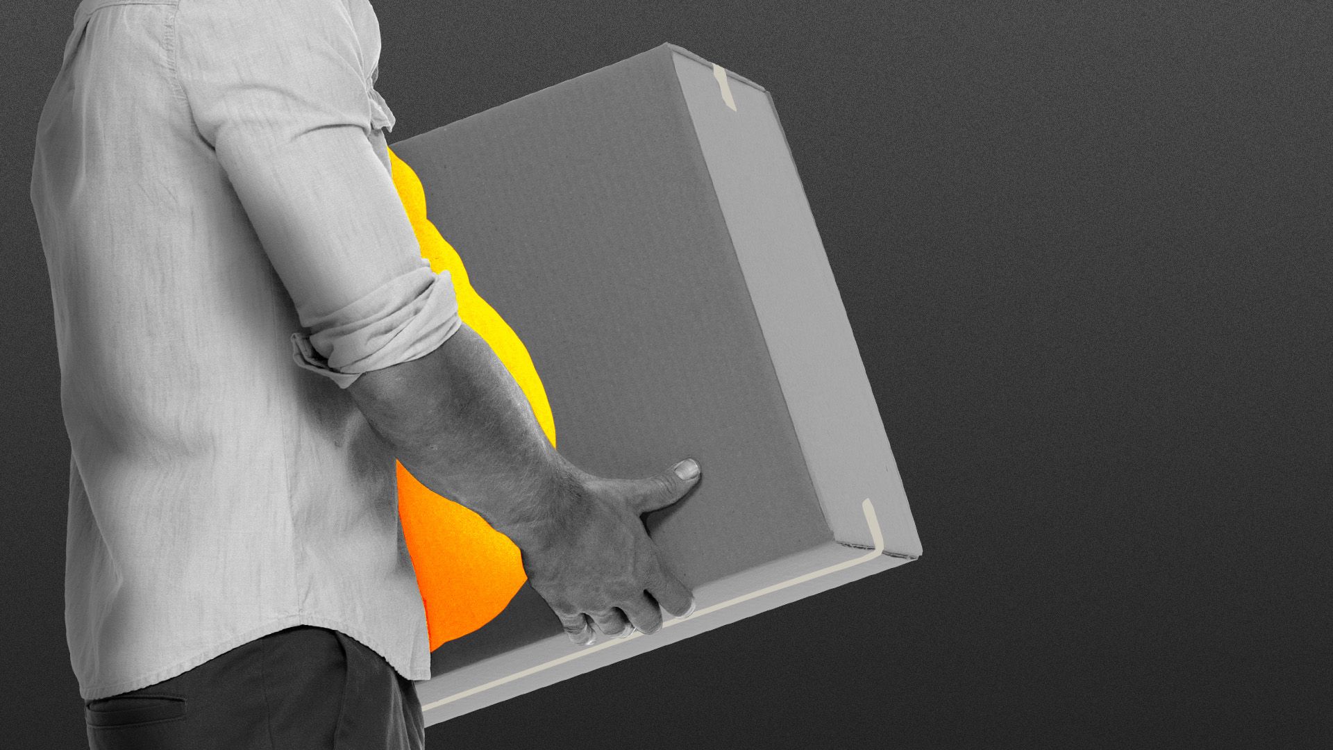 Illustration of a person standing in profile holding a cardboard box with a silhouette of a plump stomach pictured against the box 