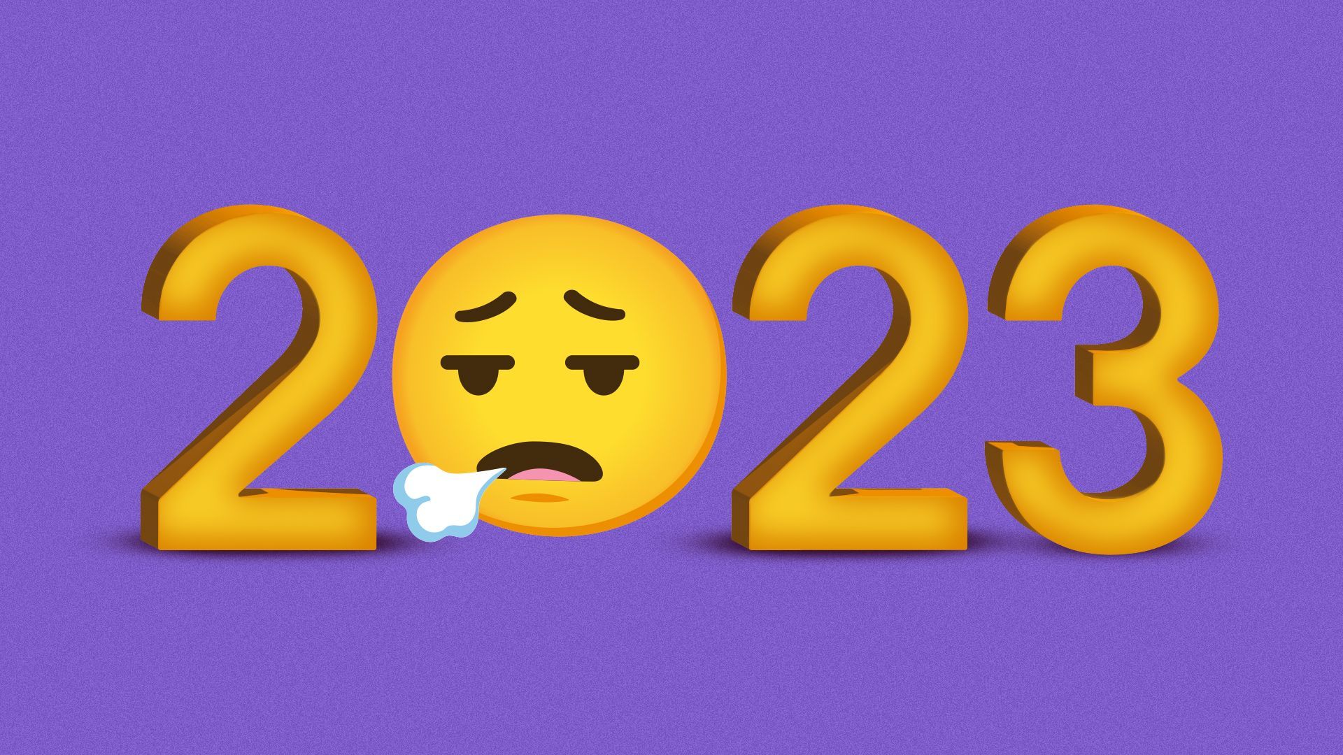 Illustration of the text "2023" written out, with the "0" replaced with a face exhalation emoji. 