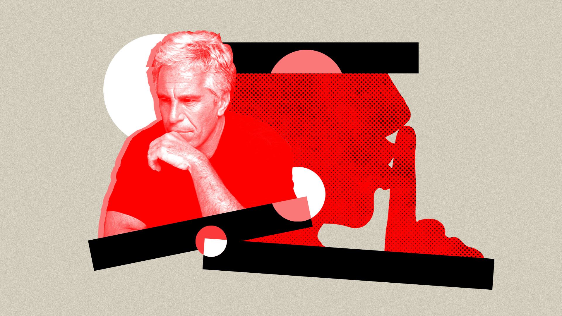 Illustration of Jefferey Epstein and a silhouette of a face making a shushing gesture